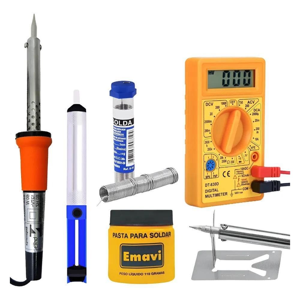 Kit Ferro De Solda 60W Estanho, Pasta, Sugador, Multímetro