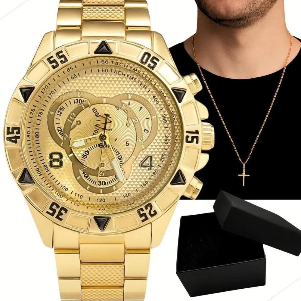 Relogio Masculino Grande + Colar Pingente Cruz Premium
