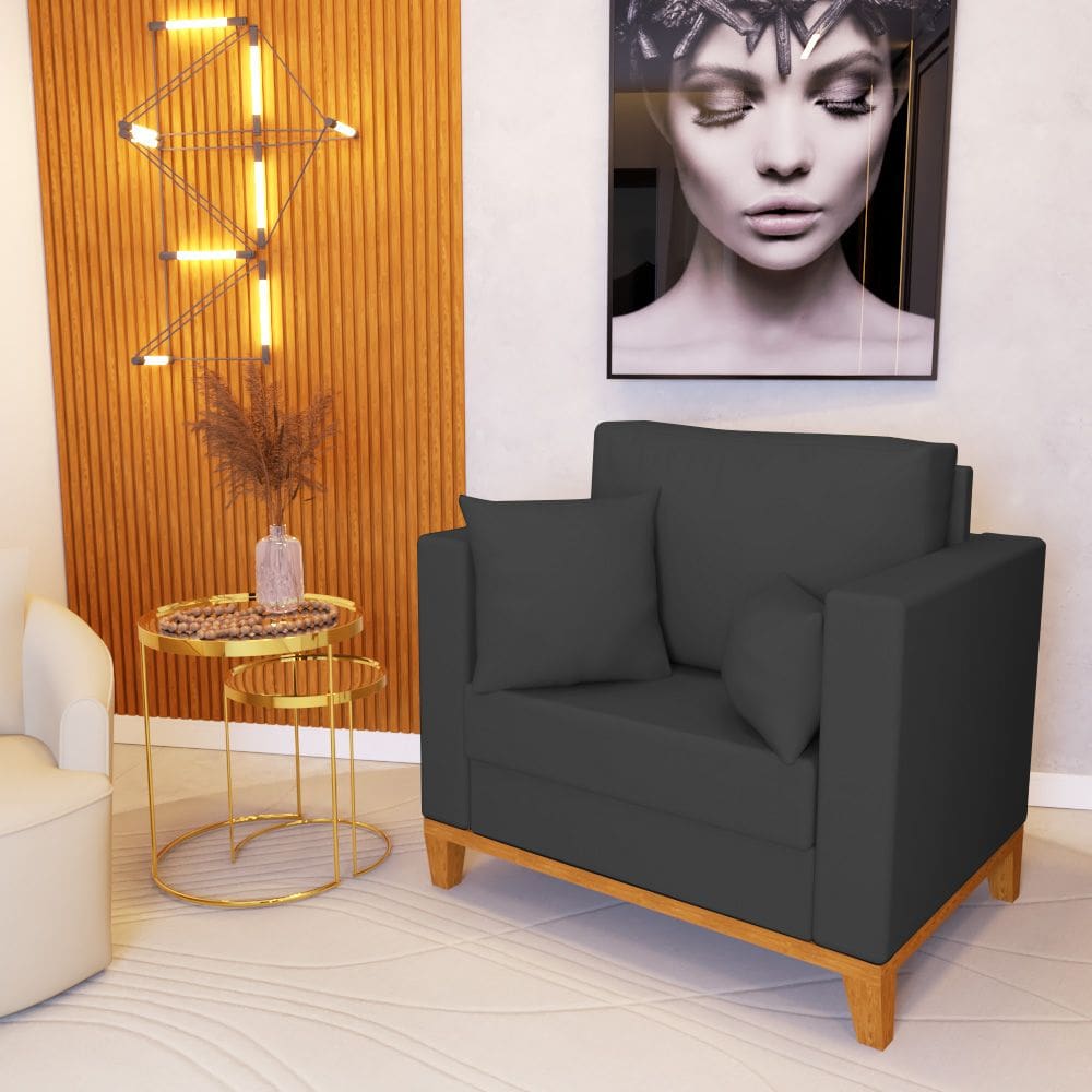 Poltrona Beny Amamentação com 2 Almofadas Base em Madeira Maciça Tecido Veludo Cinza