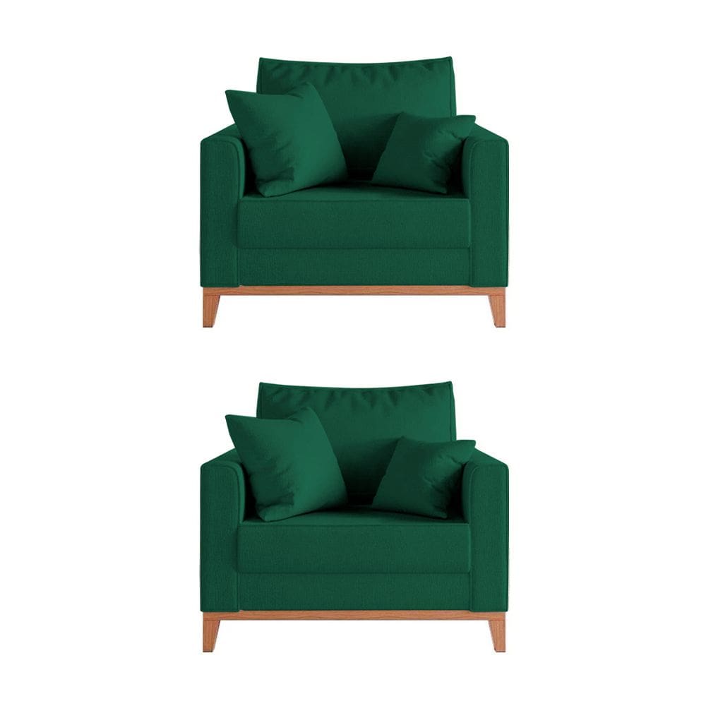 Kit 2 Poltronas Beny Decorativa com 2 Almofadas Veludo Verde Base em Madeira Maciça