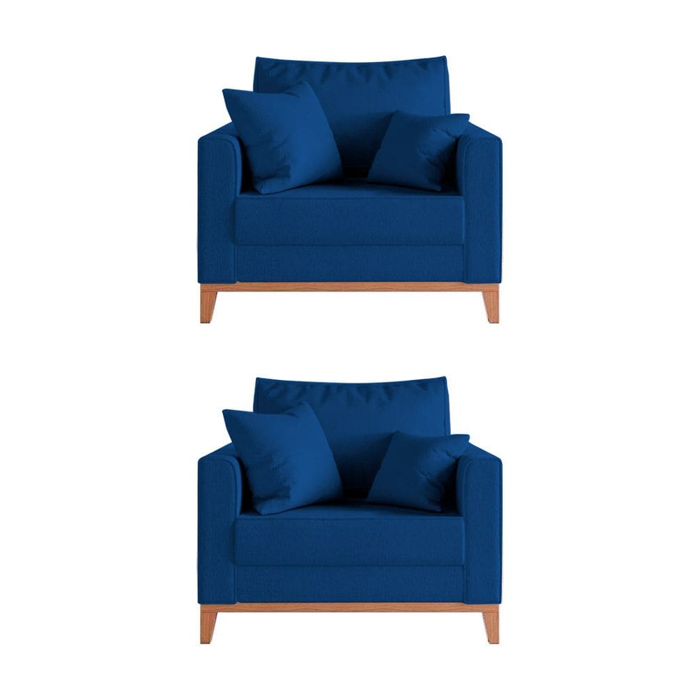 Kit 2 Poltronas Beny Decorativa com 2 Almofadas Veludo Azul Base em Madeira Maciça