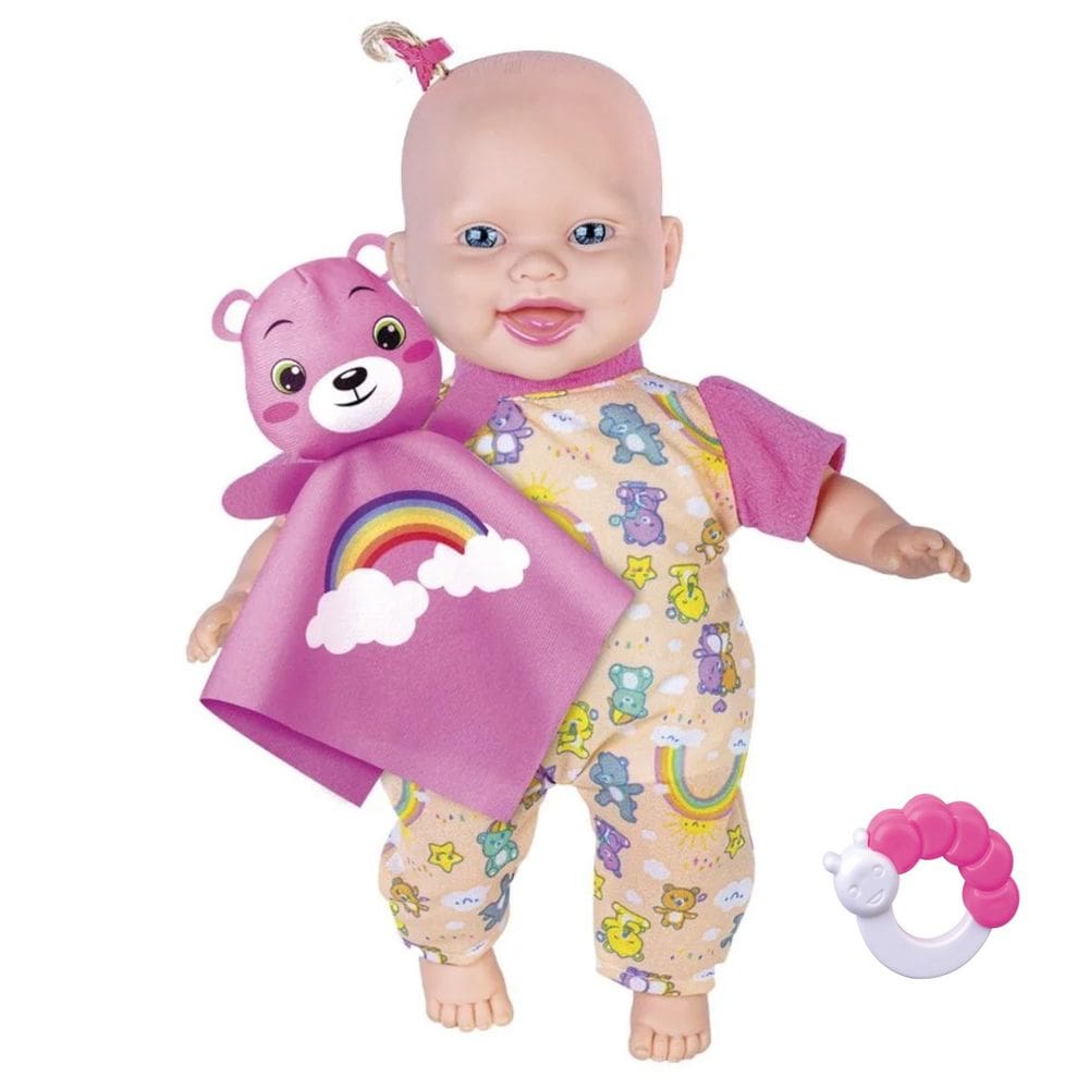 Boneca Soffi Rainbow Baby Corpo de Pano Com Naninha Ursinho