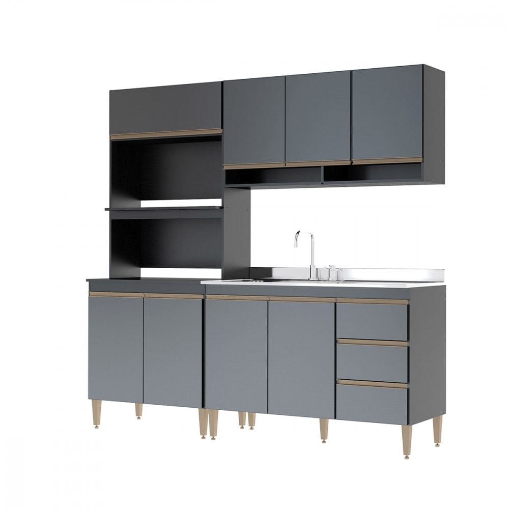 Armário de Cozinha com Torre Quente Forno Micro 200x202cm 3 Peças MDP Preto