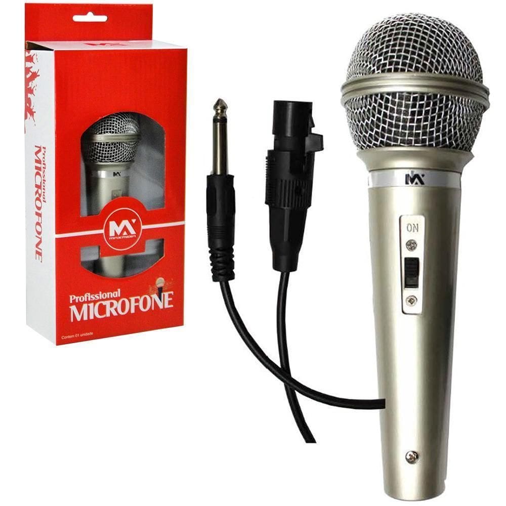 Microfone Profissional Dinamico Prata Com Fio Na Caixa