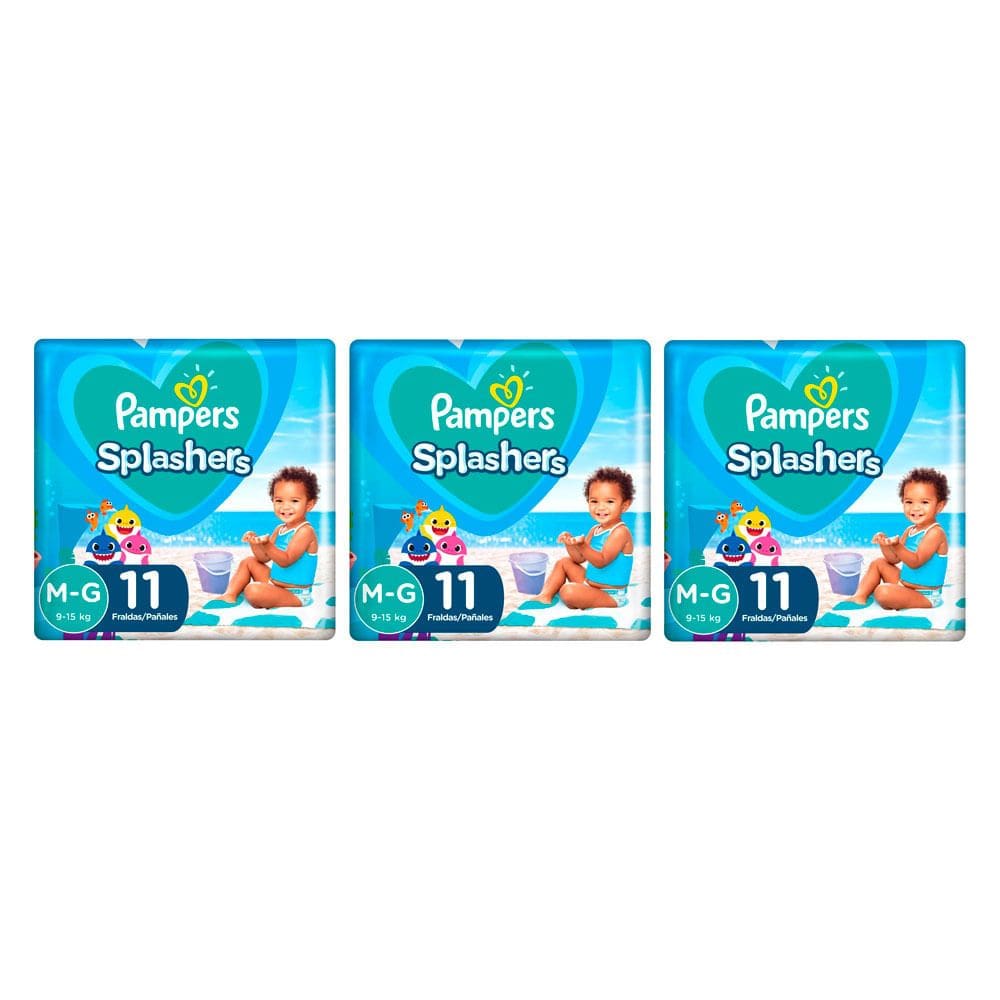Kit 3 Fralda Pampers Splashers Baby Shark Tamanho M/G com 11 Fraldas Descartáveis