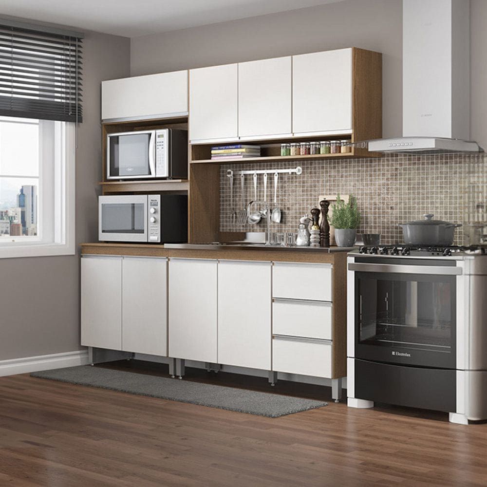 Armário de Cozinha Compacta com Balcão Pia Sabrina 200x202 Cm 3 Peças MDP Branco MENU