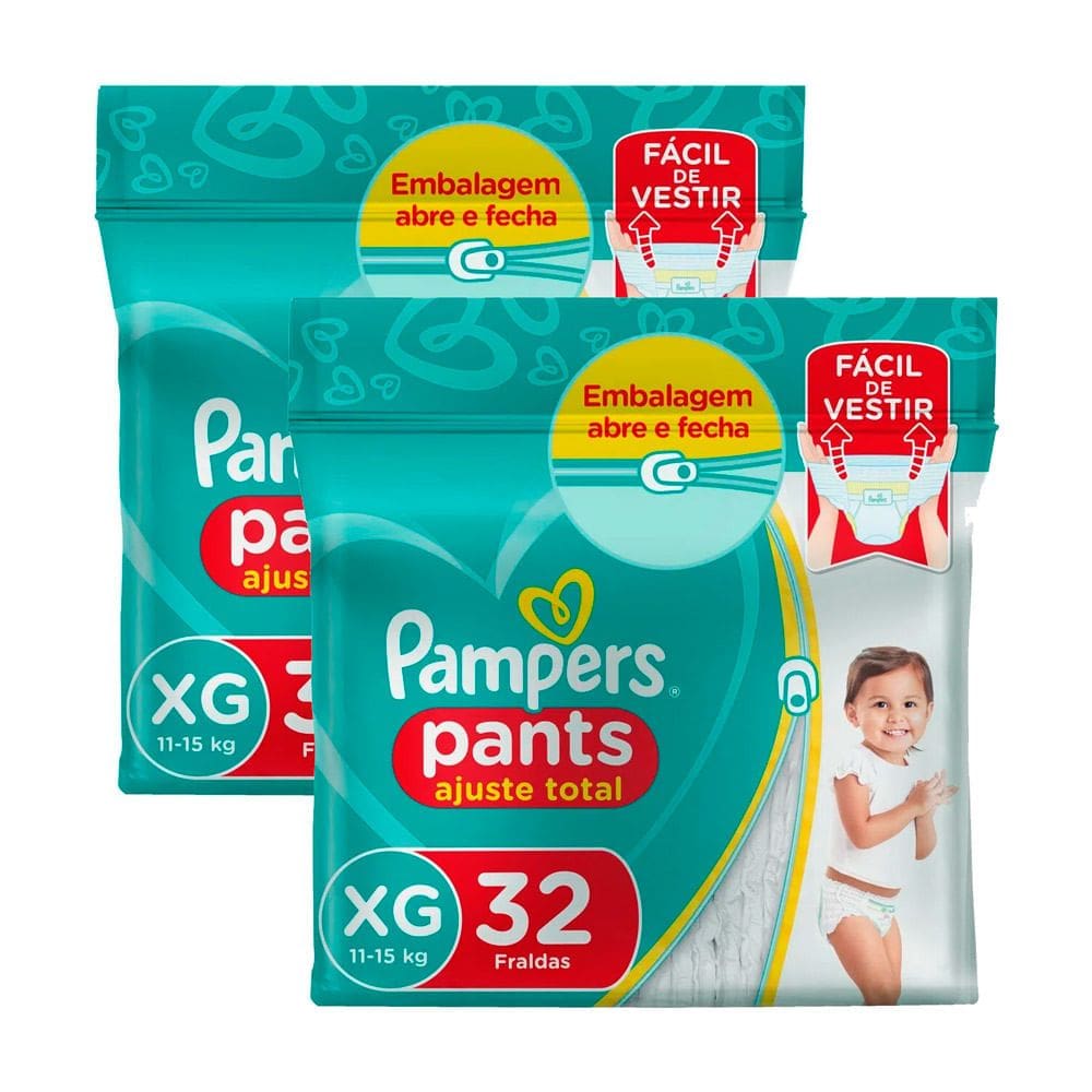 Kit 2 Fralda Pampers Pants Ajuste Total Tamanho XG com 32 Fraldas Descartáveis