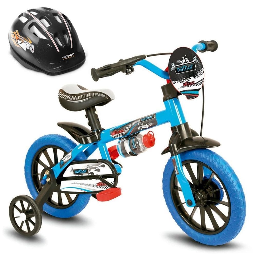Bicicleta Menino Aro 12 Veloz Com Capacete Preto Nathor