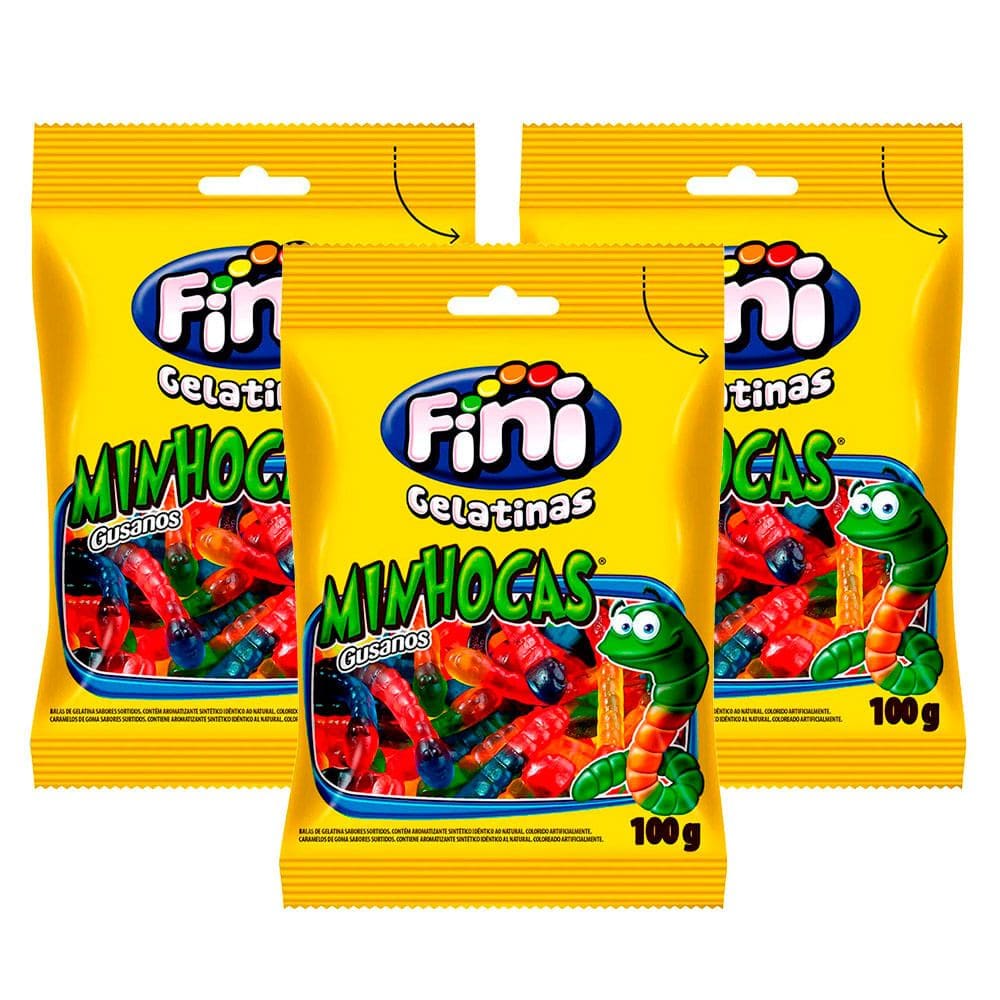 Balas de Gelatina Fini Minhocas 100g | Kit com três unidades