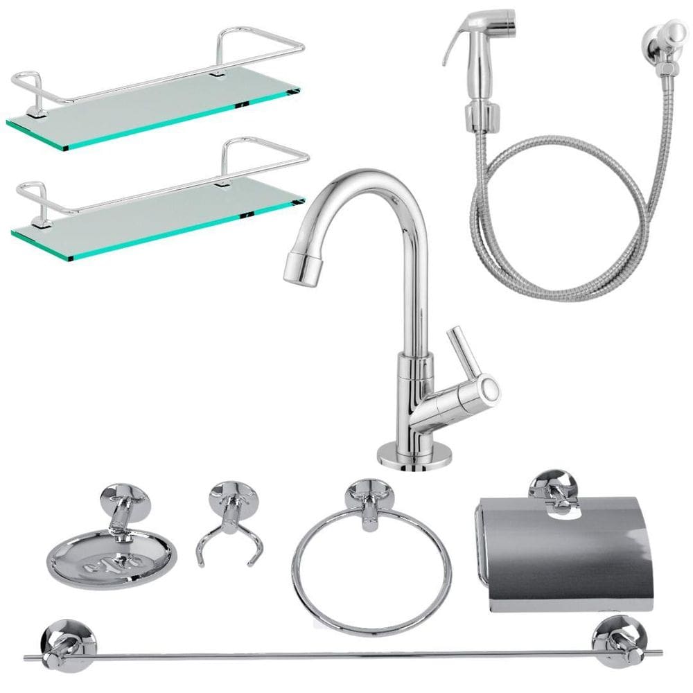 Kit Acessórios Aço Inox 9 Pçs -Torneira + Ducha + 2 Psp Reto