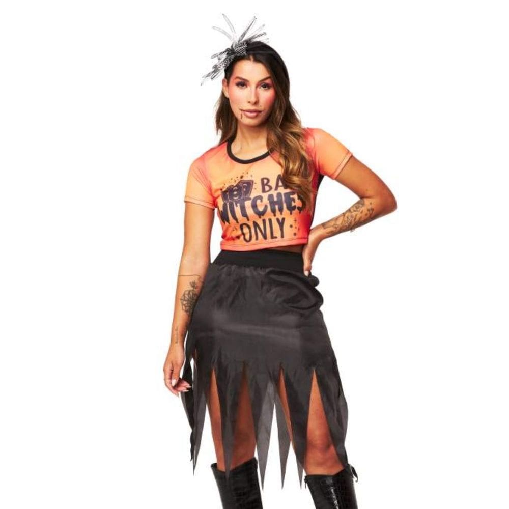 Fantasia Bruxa Halloween Feminina Adulto Conj Cropped e Saia