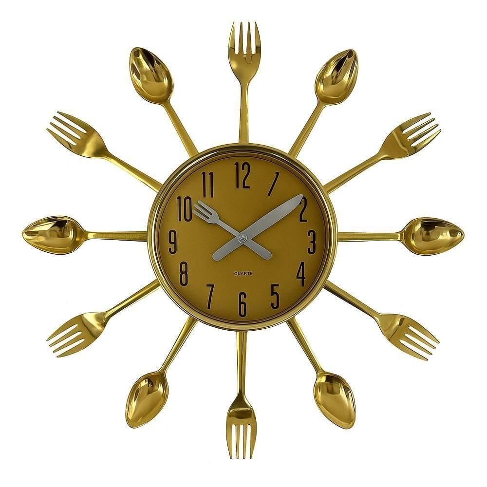 Relogio Parede Decorativo Cozinha Estilo Retro Com Talheres Design Elegante Moderno Dourado Luxo