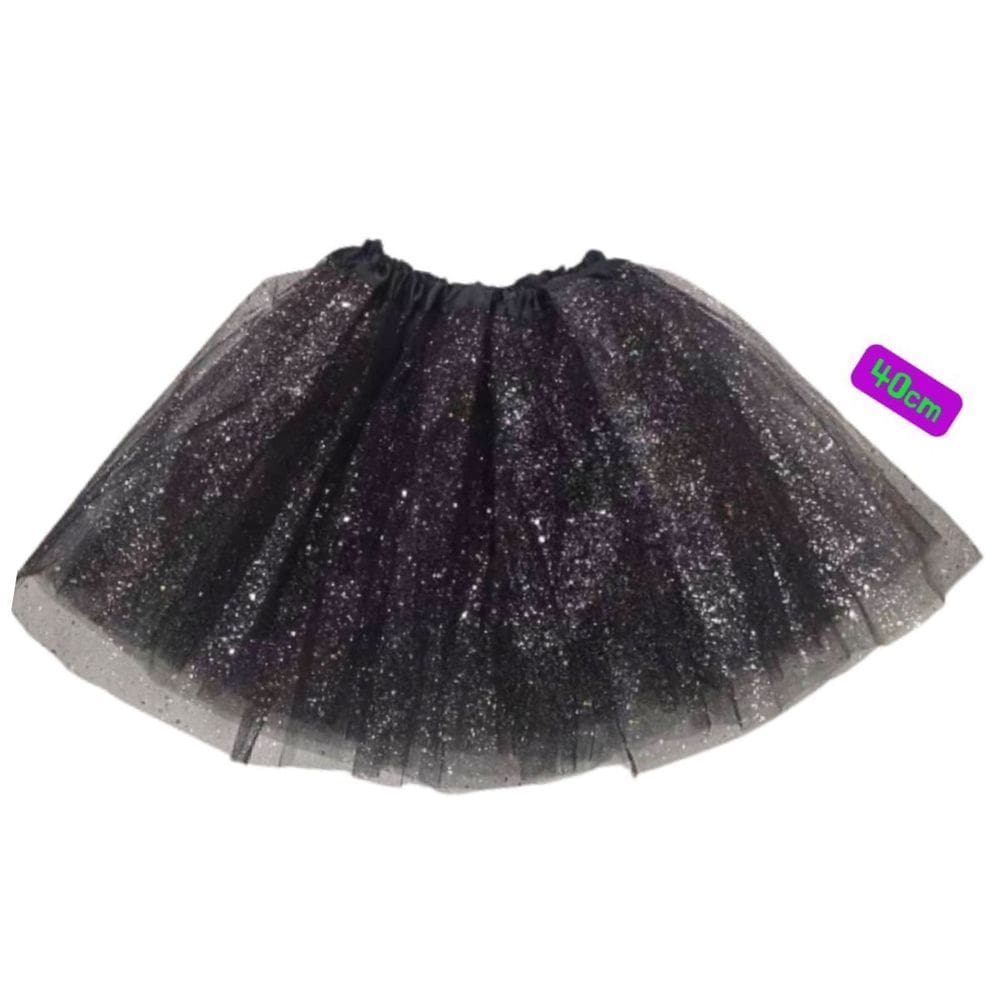 Saia Tule Preta Halloween Carnaval Fantasia 40cm c/ Glitter