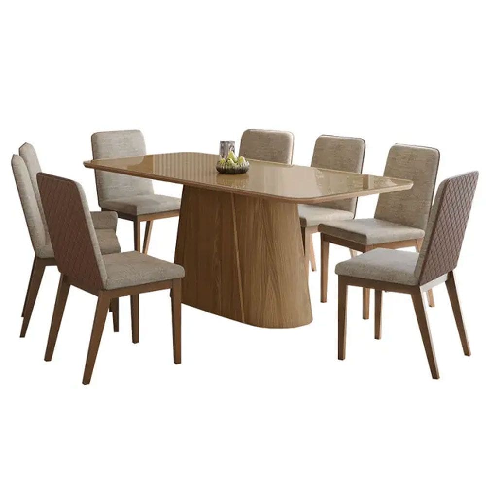 Conjunto de Mesa Olivia Tampo Madeira e Vidro com 8 Cadeiras Pietra Henn