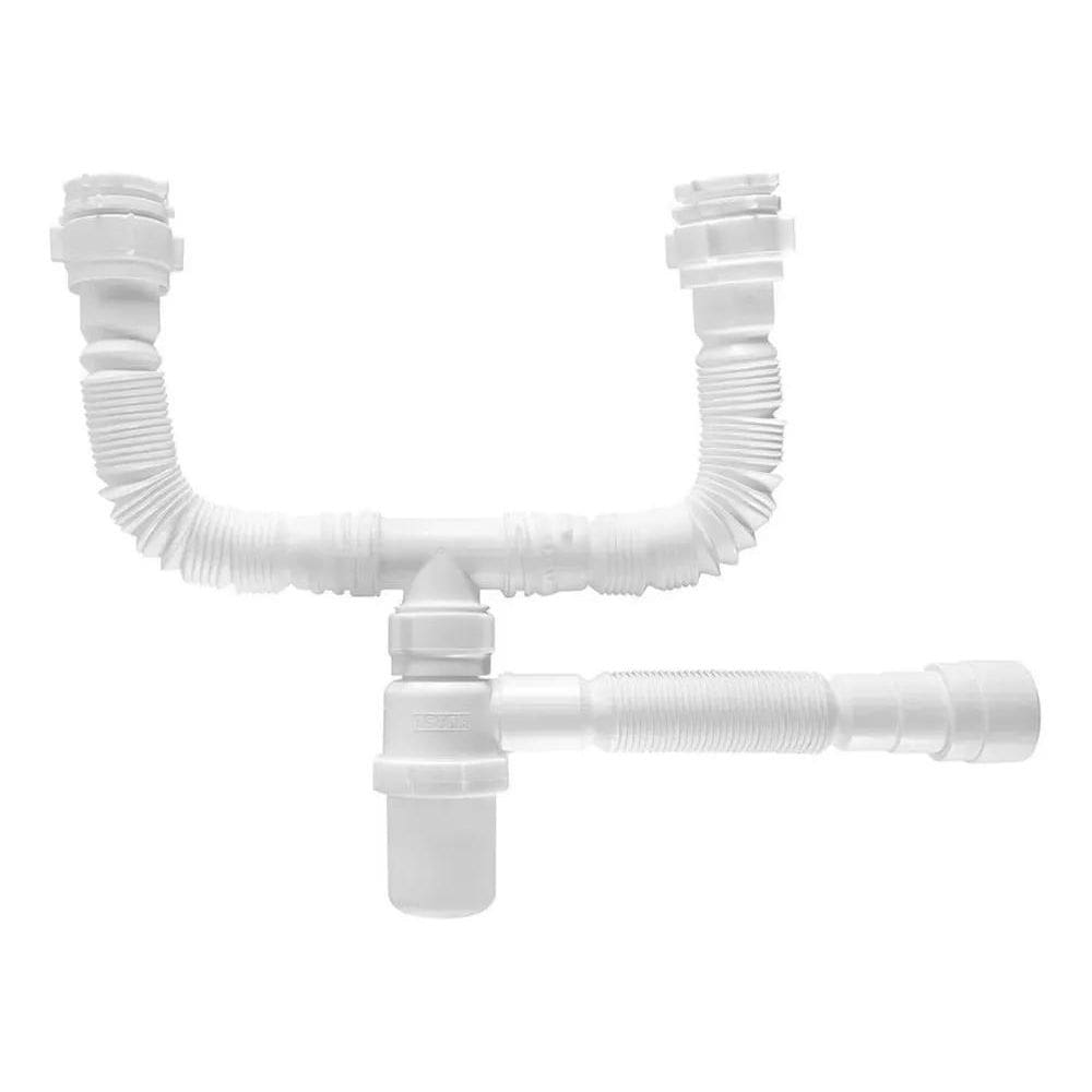 2X Sifão Universal Sanfonado Duplo Com Copo Astra Cor Branco