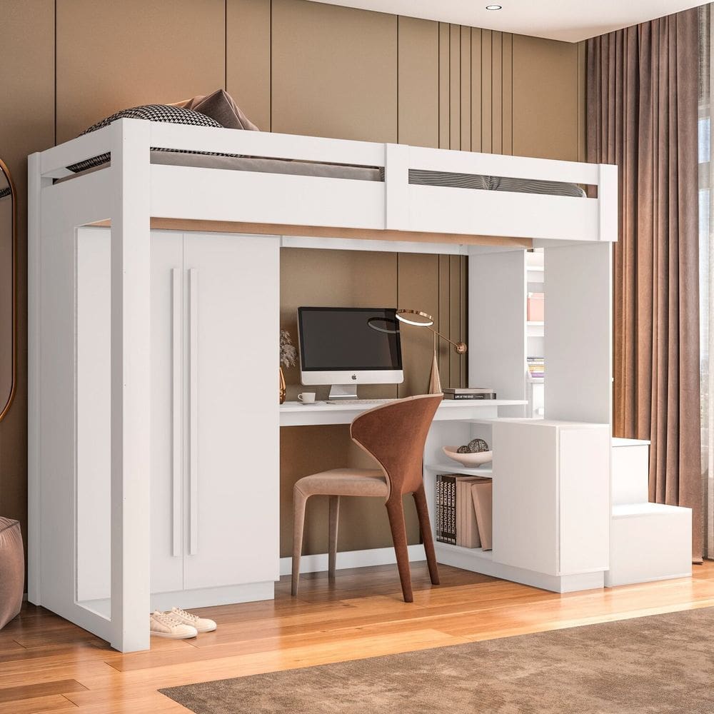 Cama Alta Office Adulto com Roupeiro e Escrivaninha Moon Yescasa Branco