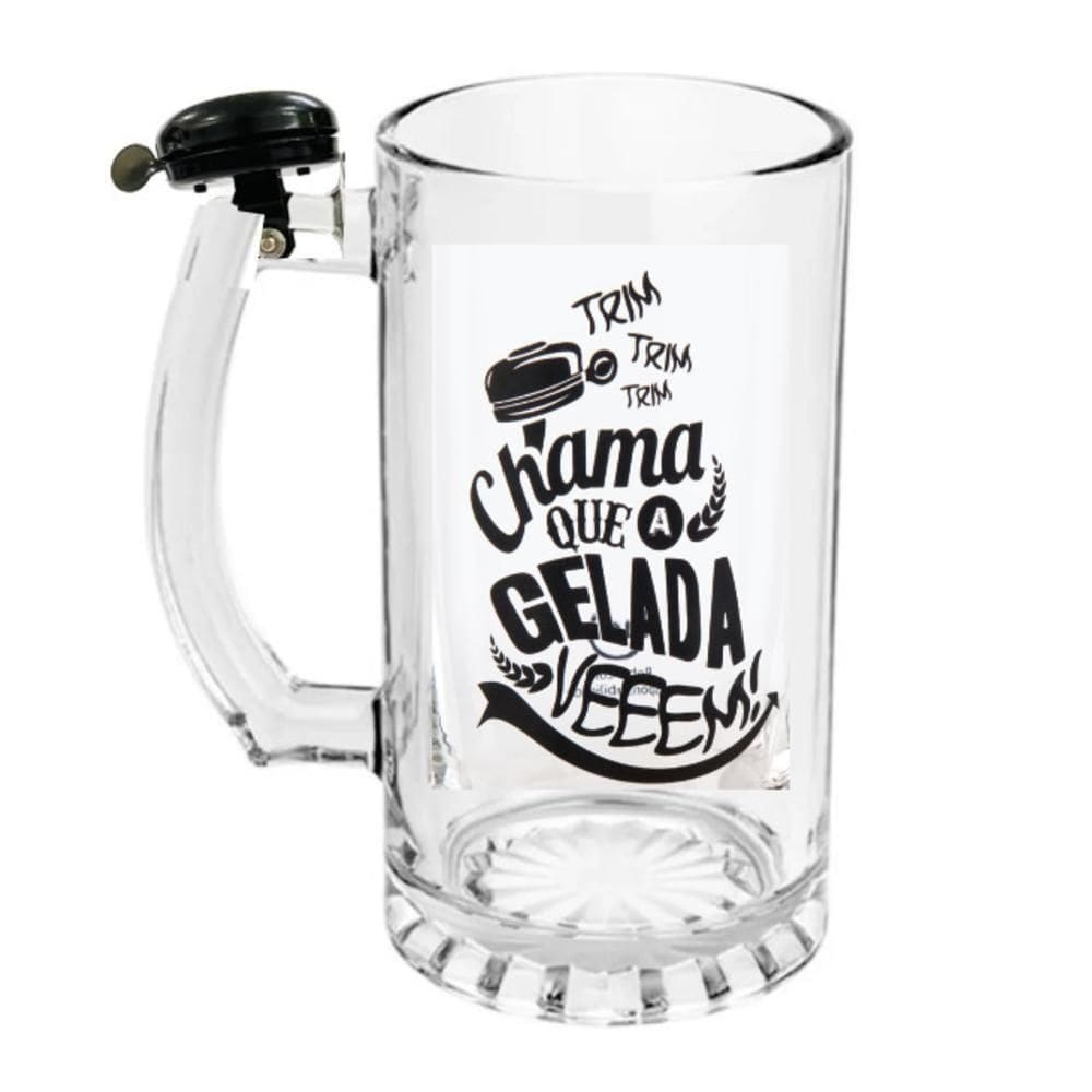 Kit Caneca Chopp Campainha Chama Sino Vidro Premium Copo Vidro Cerveja 450ml
