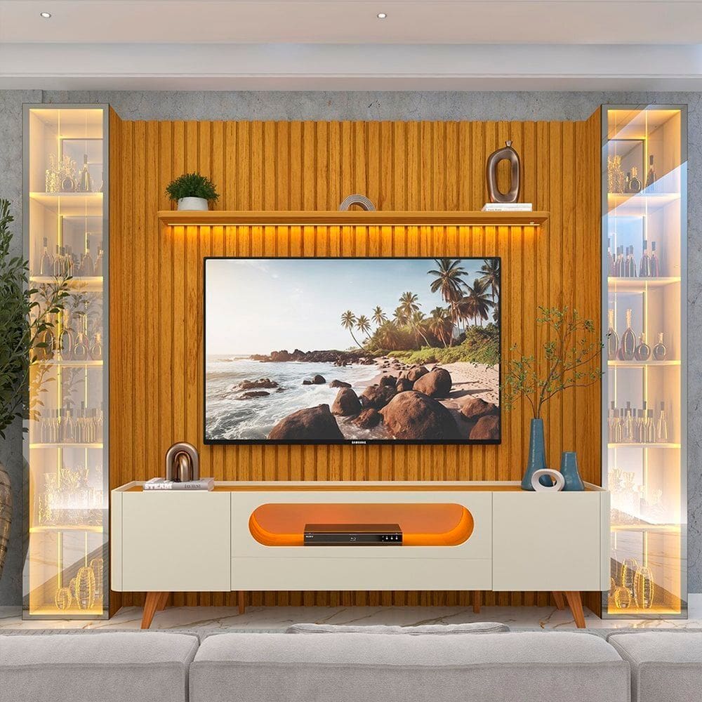 Rack com Painel para Tv 84 Polegadas 100% Mdf com Led Pés em Madeira Maciça Nobre Clean/luminare Naturale/Off White