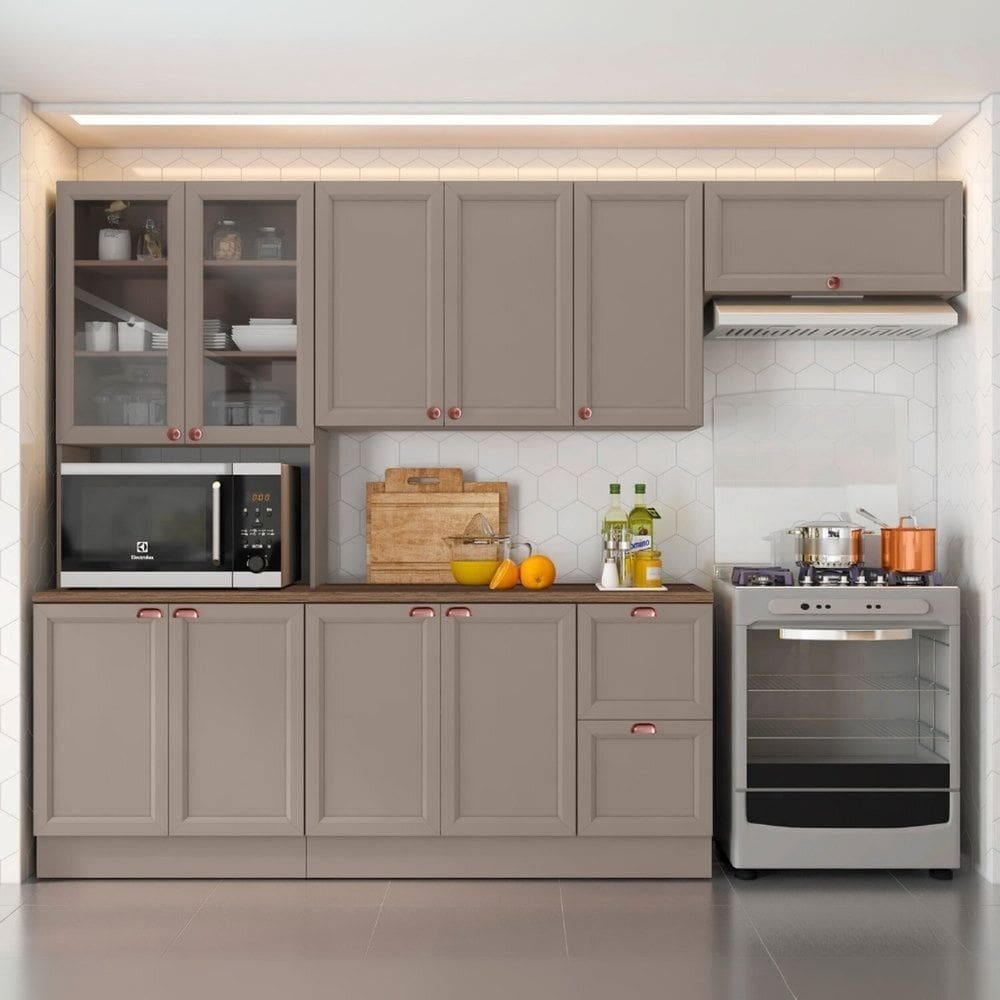 Cozinha Modulada Completa 4 Peças 10 Portas 2 Gavetas com Paneleiro Duplo Cristaleira Unna Gris