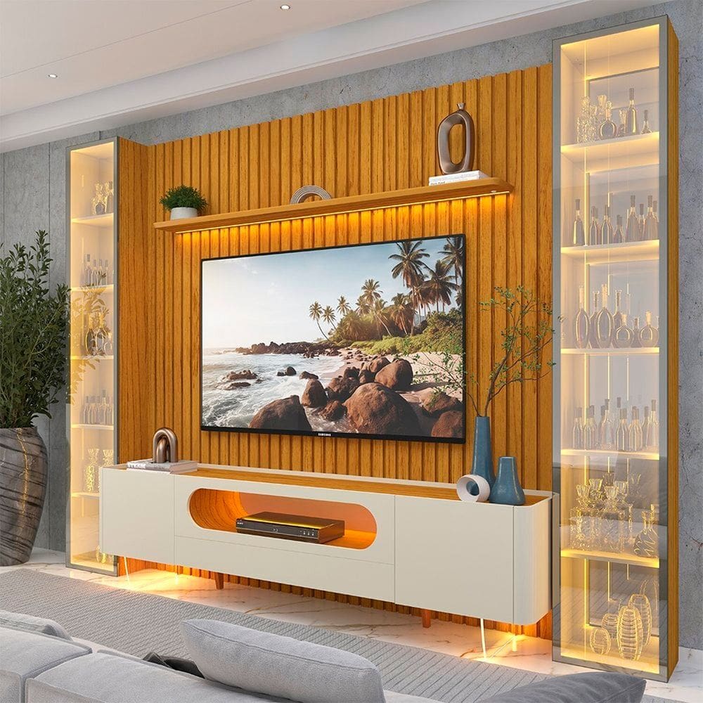 Rack com Painel para Tv 84 Polegadas 100% Mdf com Led Pés em Madeira Maciça Nobre Clean/luminare Naturale/Off White