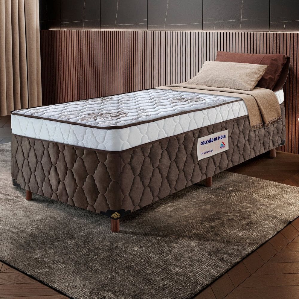 Cama Box Solteiro Molas Ensacadas 100% Poliéster 88x59cm Plennus Branco / Marrom Escuro