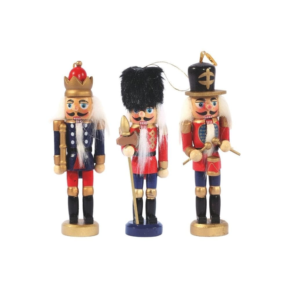 Conjunto 3 Mini Quebra-Nozes Pendente Madeira 12cm Azul Marinho e Vermelho para Árvore de Natal