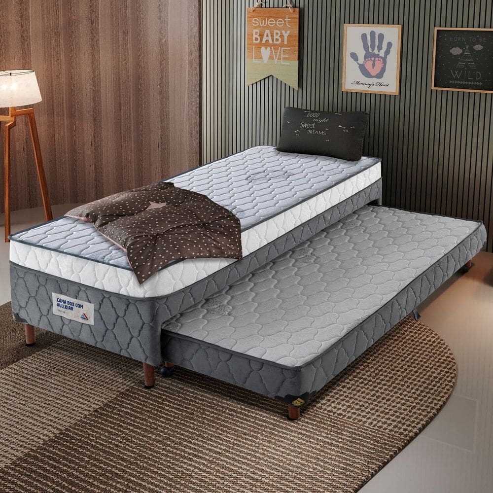 Cama Box Solteiro com Cama Auxiliar 100% Poliéster 88x52cm Vitta Branco Gelo / Cinza Claro