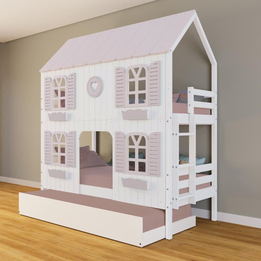 Treliche Casinha Bela com Coração 4 Janelas Venezianas - Madeira Maciça Branco/Rosa | Housin