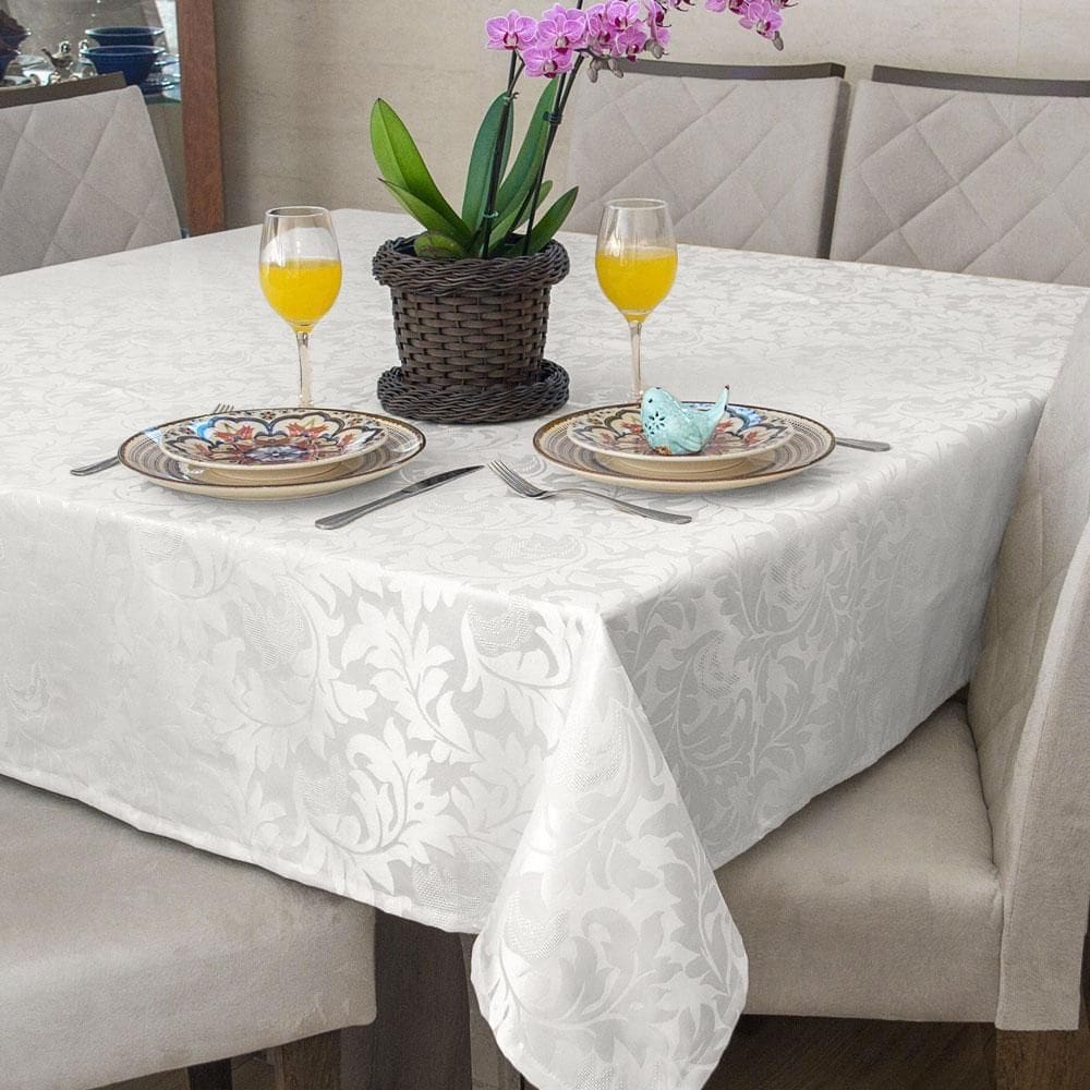 Toalha Mesa Sala Jantar Retangular Jacquard Branca 6 Lugares