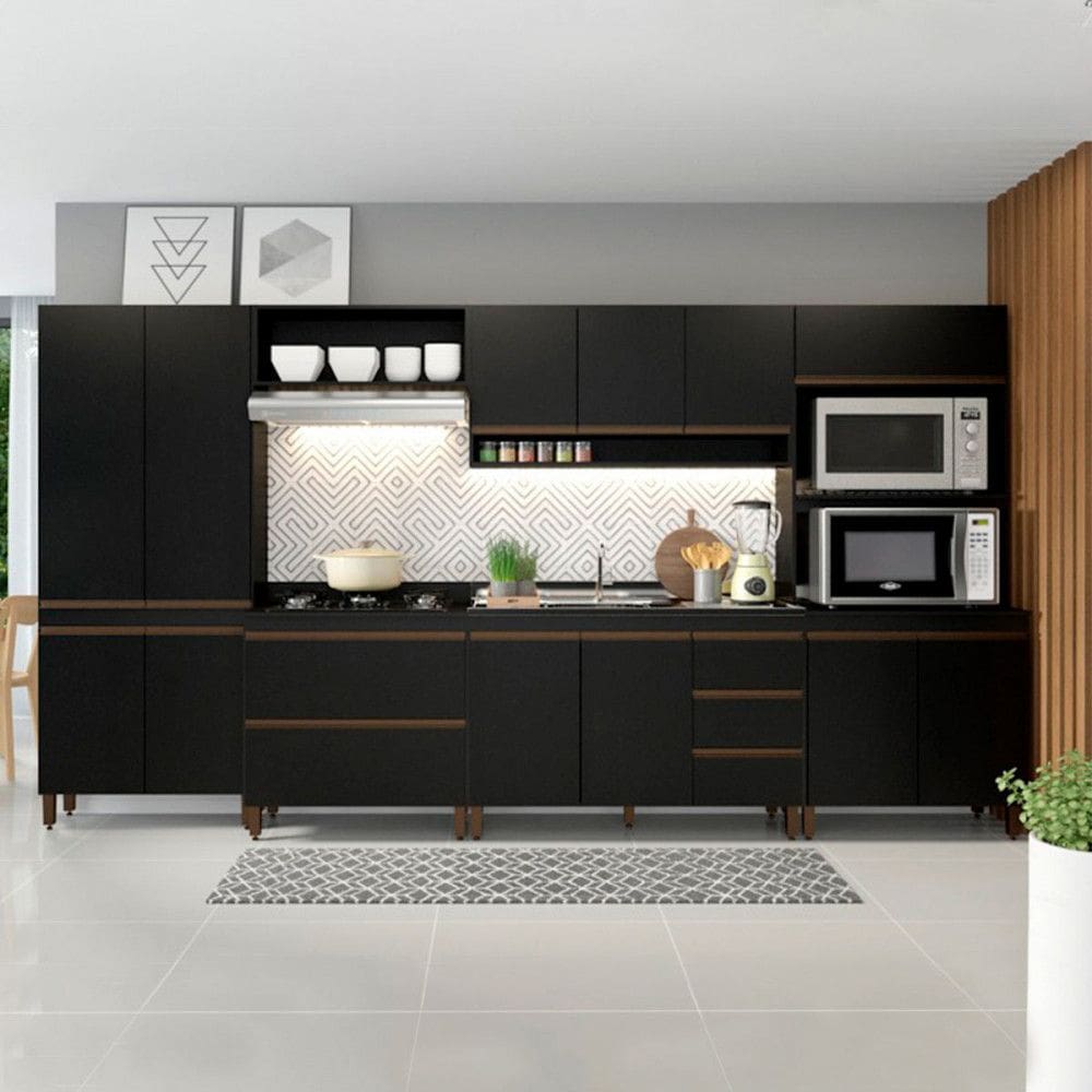 Armário de Cozinha Modulada com Balcão Pia Sabrina 360x202 Cm 6 Peças MDP Preto Menu Móveis