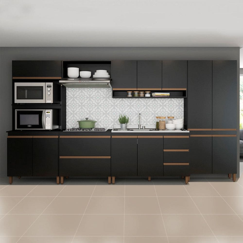 Armário de Cozinha Modulada Gourmet com Balcão Pia Sabrina 360x202Cm 6 Peças MDP Preto Menu Móveis