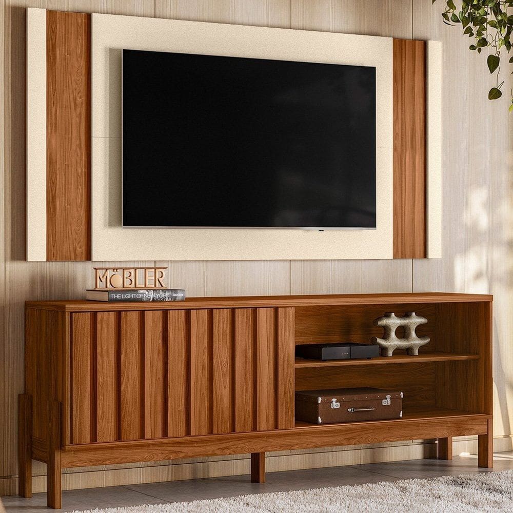 Rack com Painel para Tv até 65 Polegadas New Aurora Cinamomo Mel /Perola Metalizado