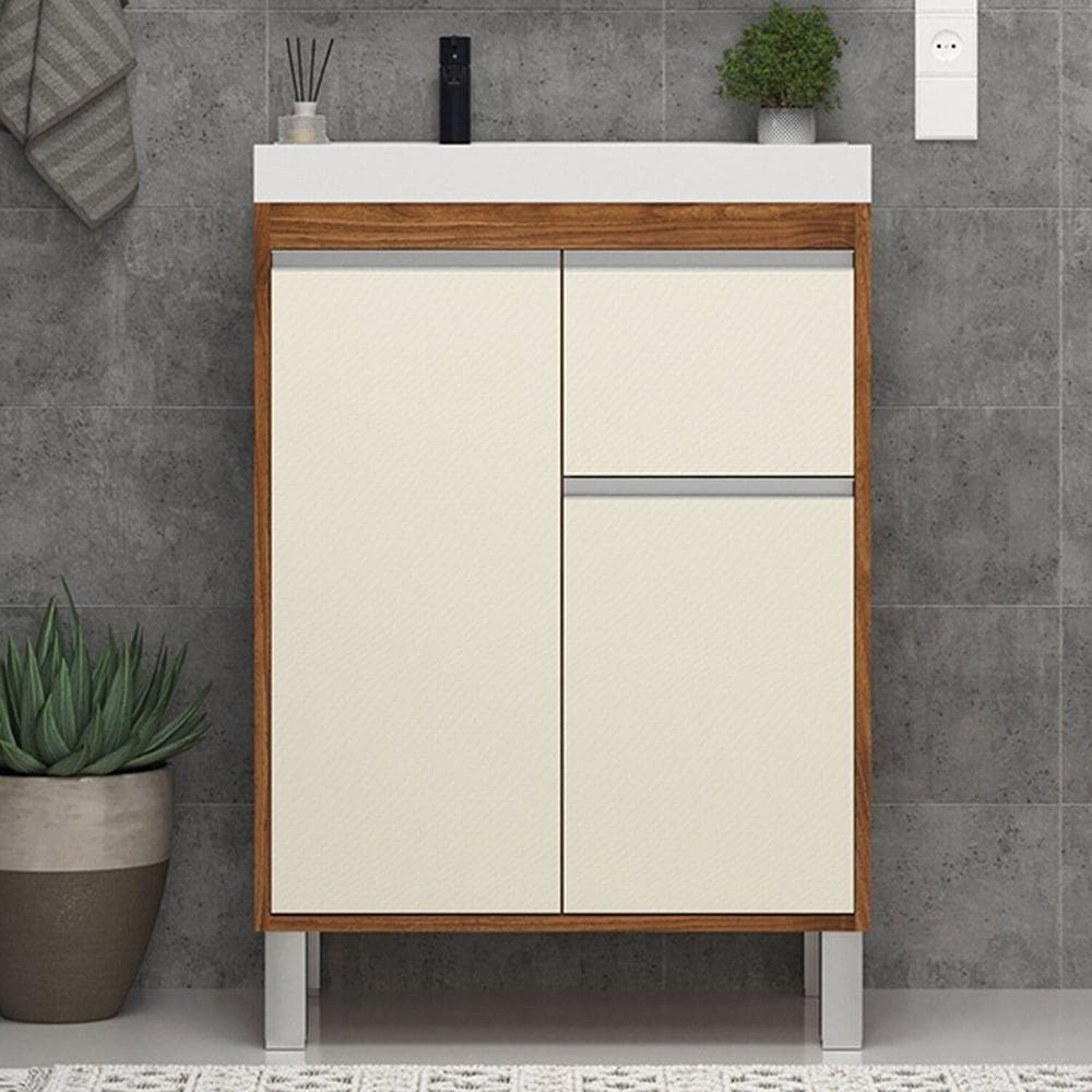 Gabinete de Banheiro 60cm com Lavatório 2 Portas 1 Gaveta Soft Amêndoa/Off White