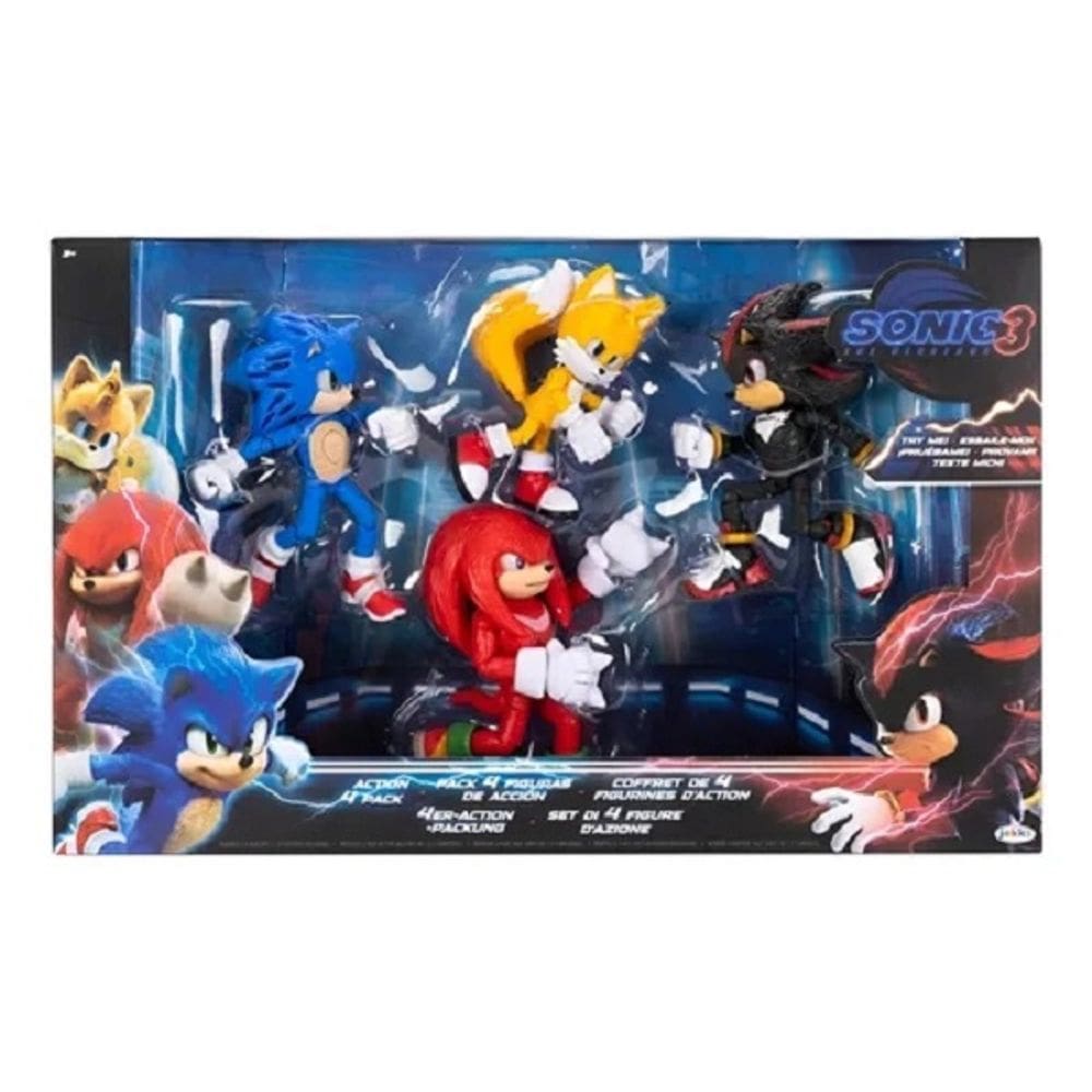 Sonic Filme 3 Pack Luxo C/ 4 Bonecos Articulados 14 Cm - Tails, Knuckles - Shadow e Sonic C/Luz Olhos e Cabeça – Sunny