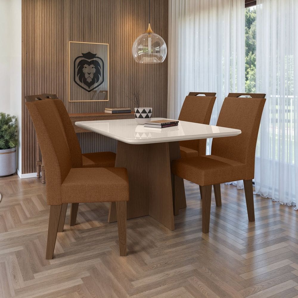 Conjunto 120x77cm Tampo Mdf e Vidro com 4 Cadeiras Evora Freijó/Marrom/Off White