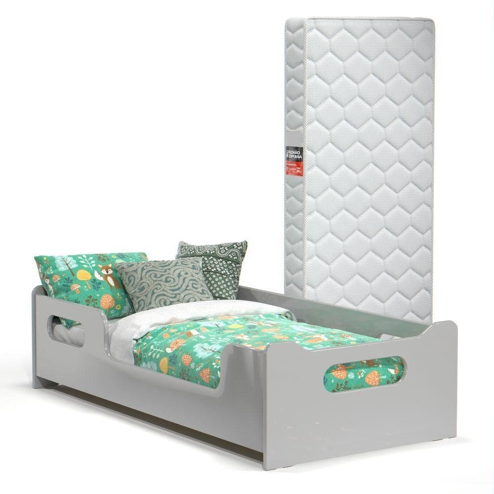 Cama Infantil Com Grade Proteção E Colchão Cinza