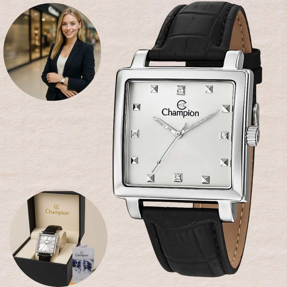 Relógio Champion Feminino CN28106Q Analógico Quadrado Mostrador Prata Caixa Aço Pulseira Preta Resistente Água 30M
