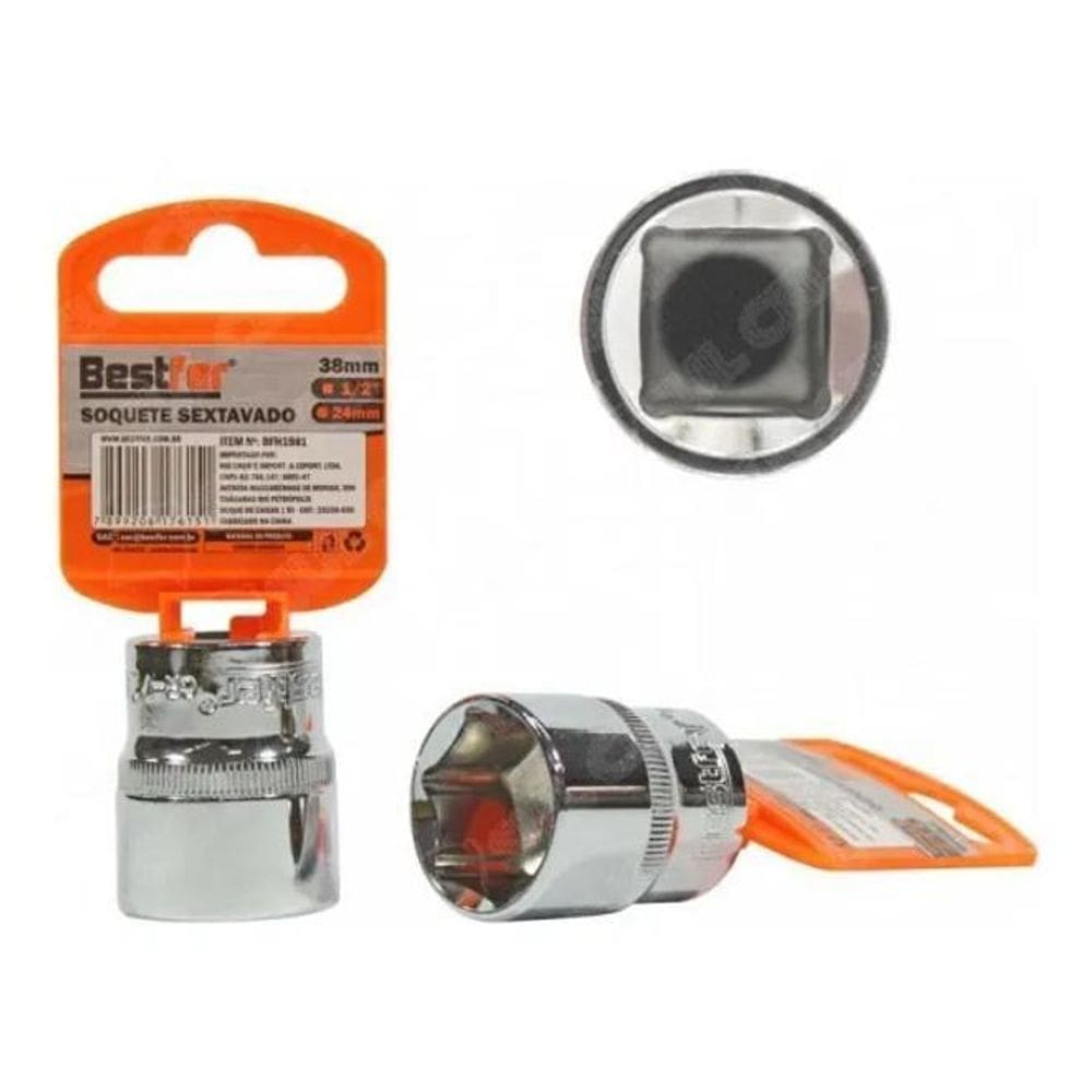 2X Soquete Sextavado Com Encaixe 1/2 24Mm Aço Cromado Vanadi