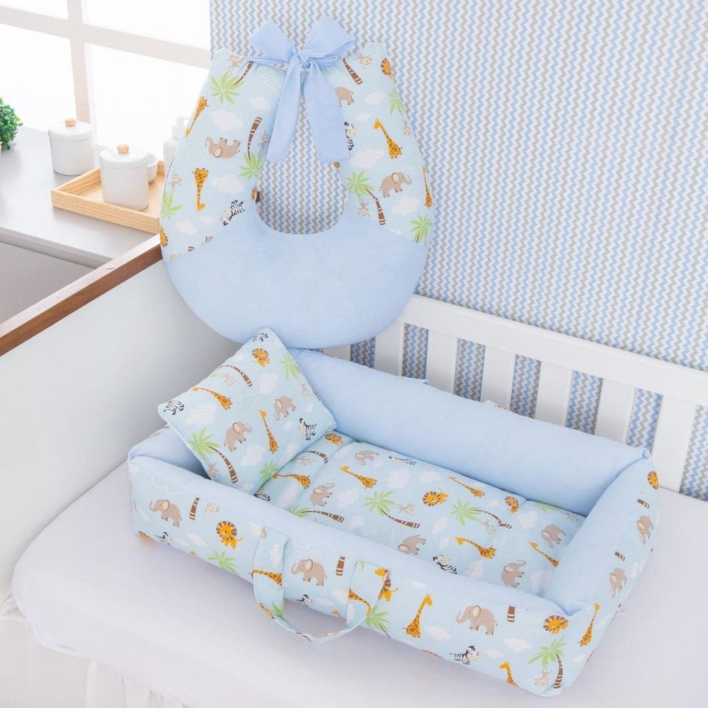 Kit Ninho Redutor + Almofada Amamentação Bebê Safari Azul