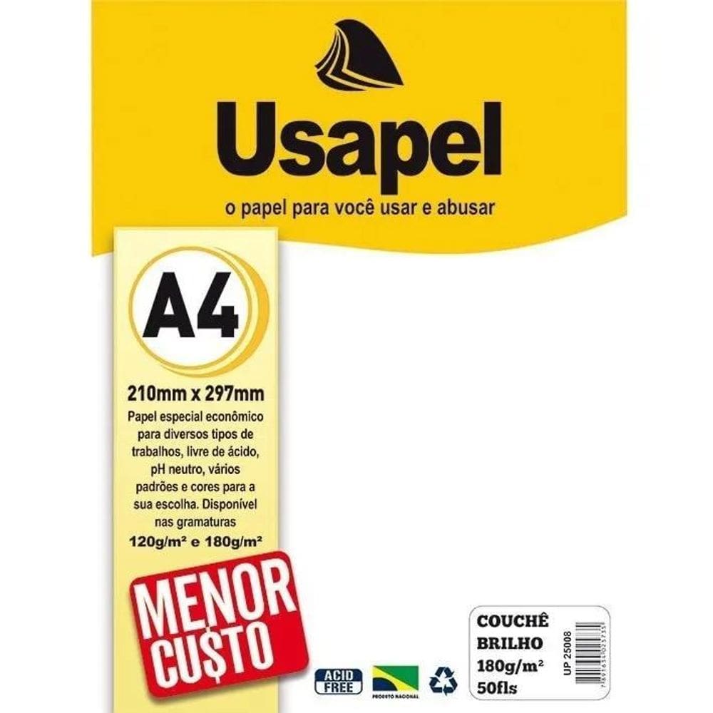 2X Papel Couchê Brilho Usapel A4 180G Branco - Pt Com 50