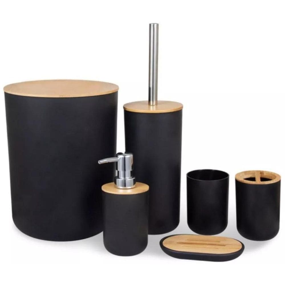 Kit Banheiro Bambu Lixeira Saboneteira 6 Peça Preto Plasvale