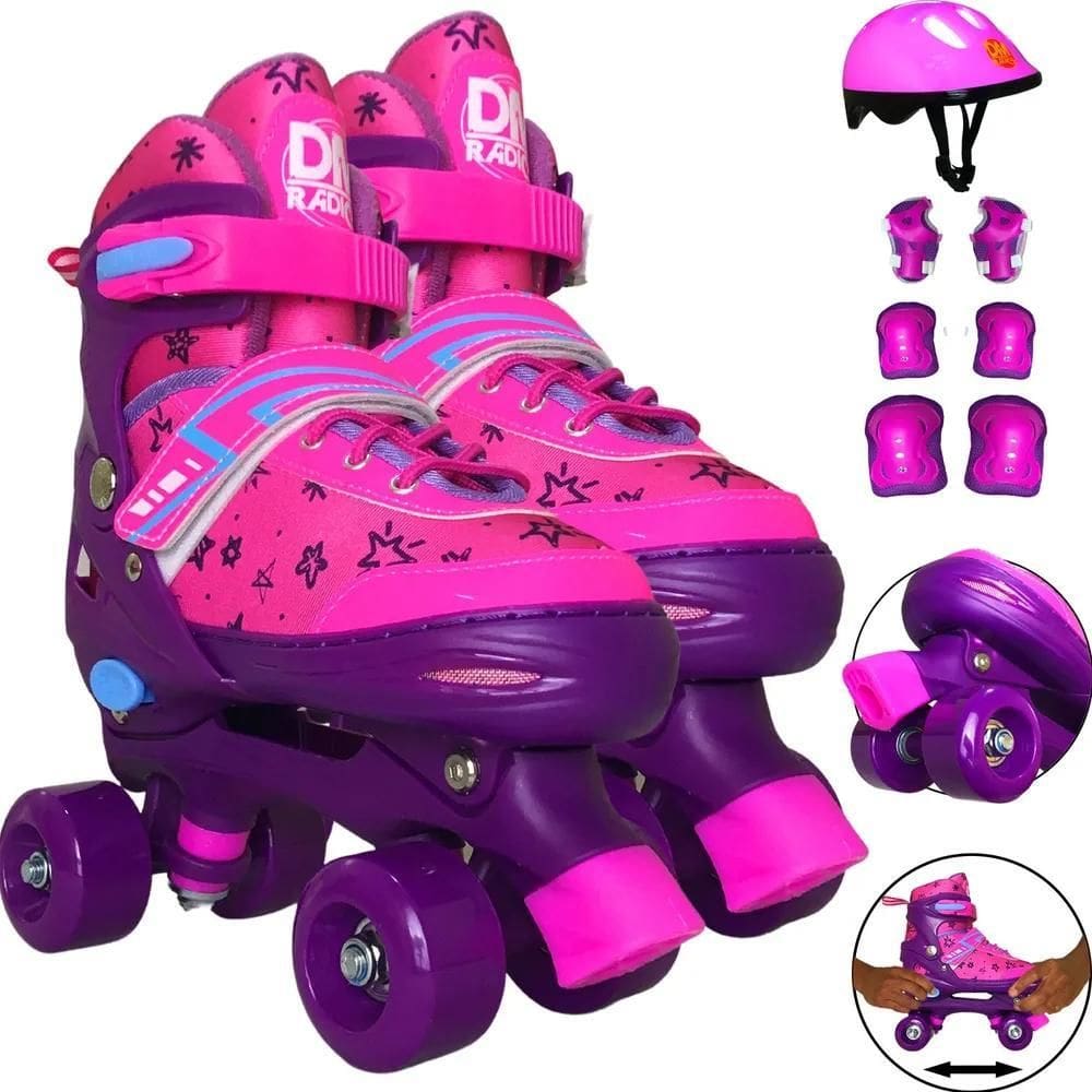 2X Patins Infantil Roller 4 Rodas Ajustável Com Kit De Prote