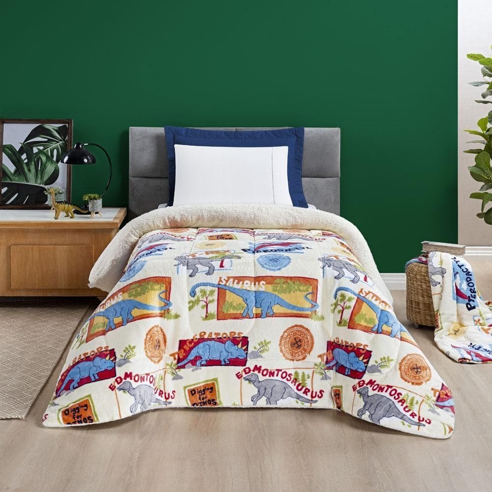 Coberdrom Fantasy Solteiro Infantil Sherpa Manta Dinossauro
