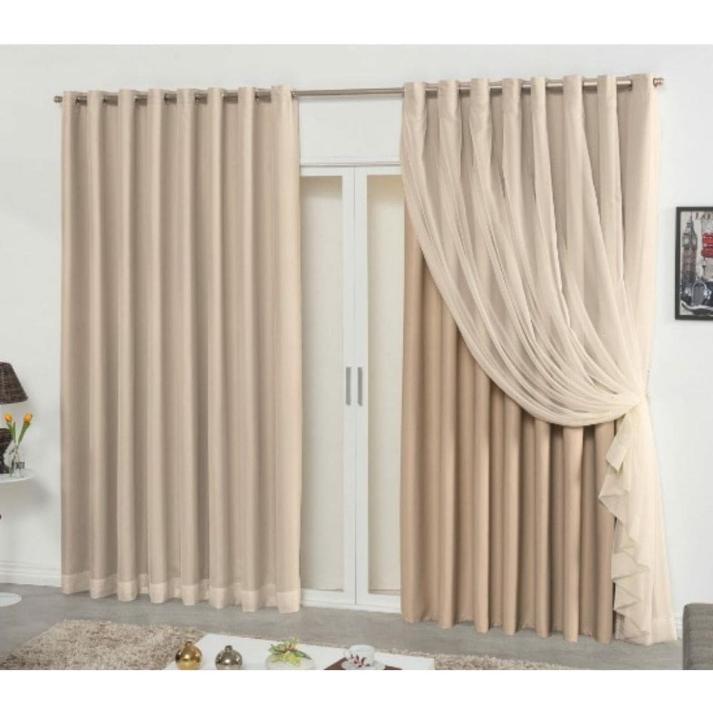 Cortina Blackout Tecido 3,00X2,80 Com Voil Caqui/Palha