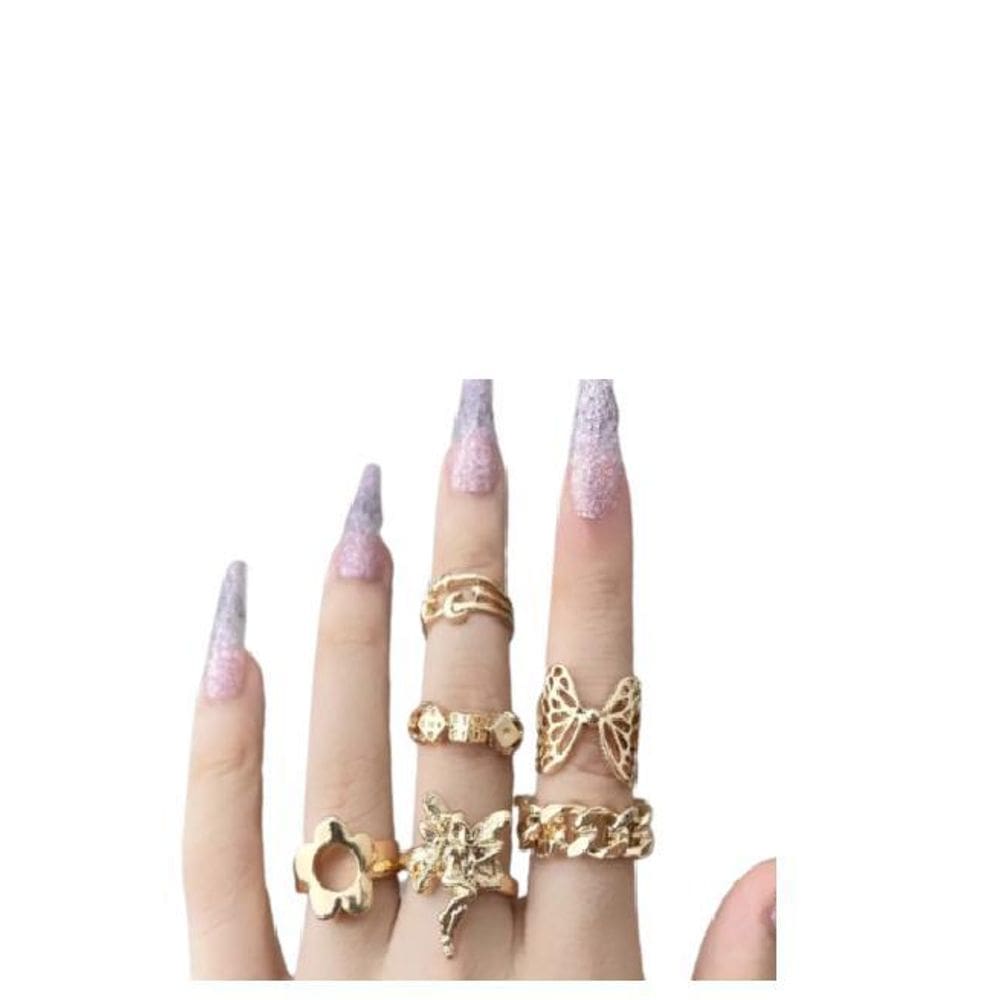 Kit  Anel Dourado Borboleta Flor Fada Dados 6 Aneis