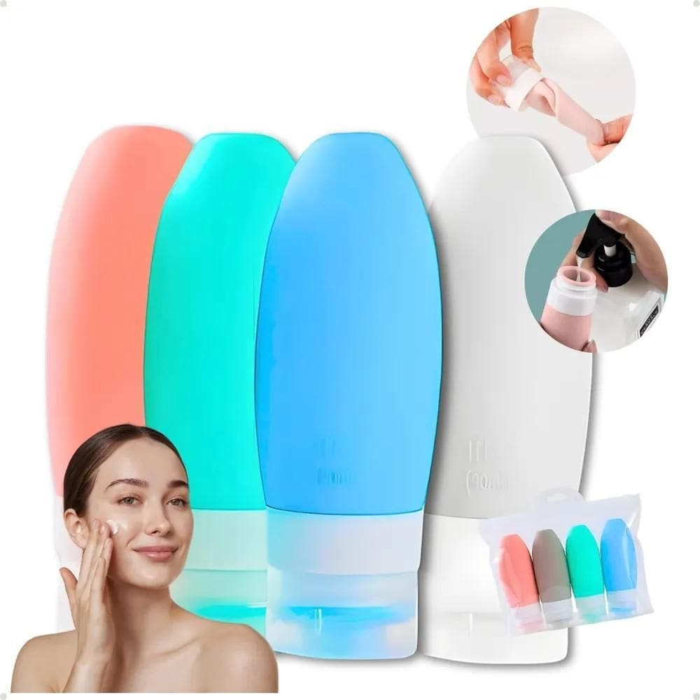 Frasco Pote De Viagem Silicone Creme Shampoo Perfume Kit 4