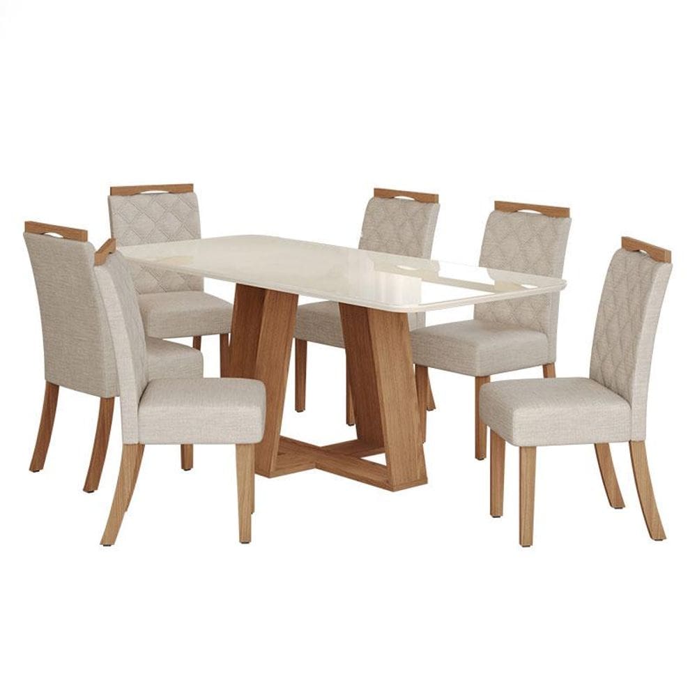 Mesa de Jantar Lins 160cm Canto Arredondado com Vidro Nature Off White com 6 Cadeiras Bella Linho - Henn