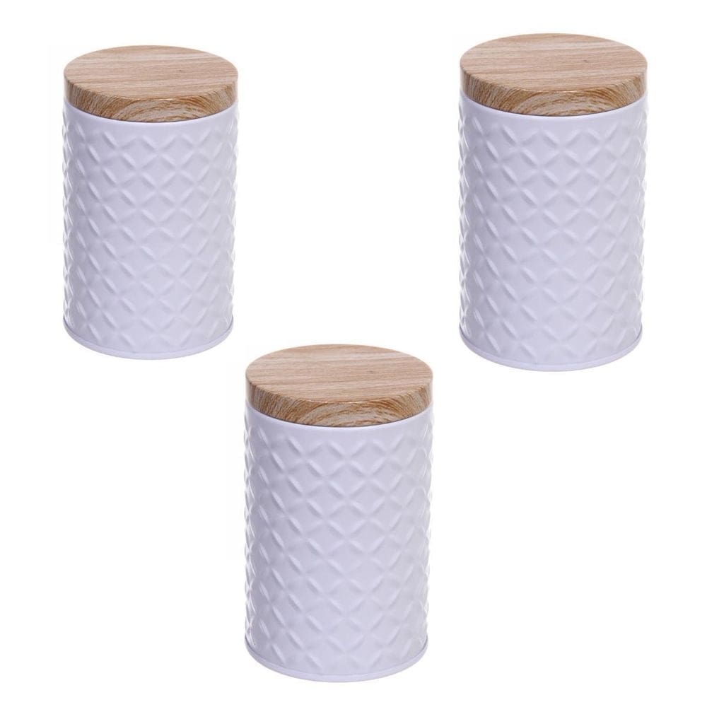 Kit 3 Porta Mantimento Potes Café Açúcar Lata De Metal Bambu