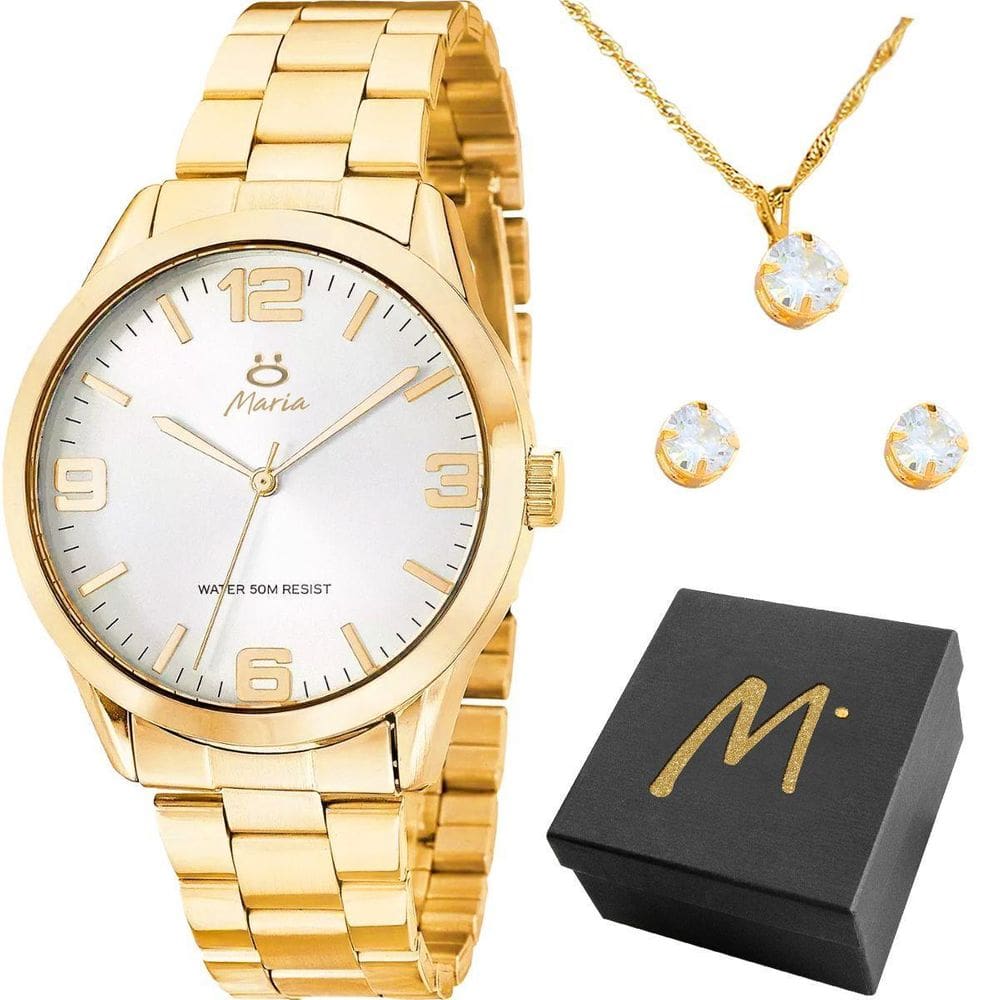 Relogio Aço Inox Feminino Banhado + Colar Brincos + Caixa