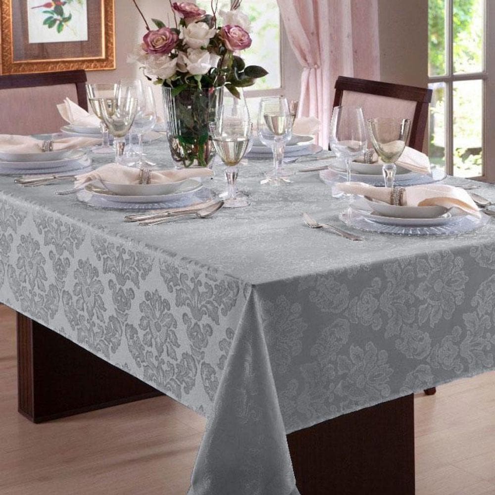 Toalha Mesa Retangular 8 Lugar Jacquard Cinza +8 Guardanapo
